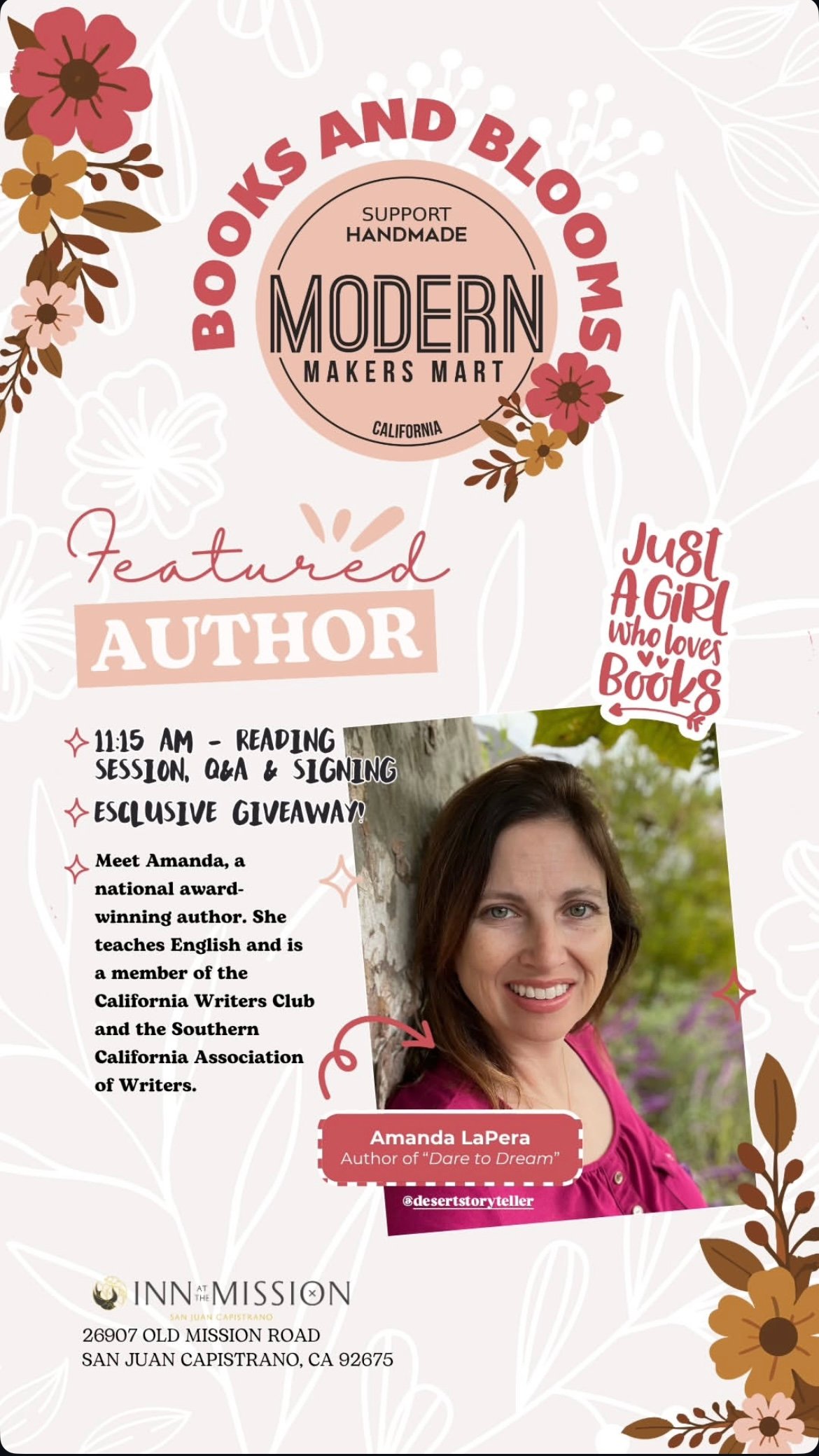 Books and Blooms San Juan Capistrano Inn 2025 featured author flyer.